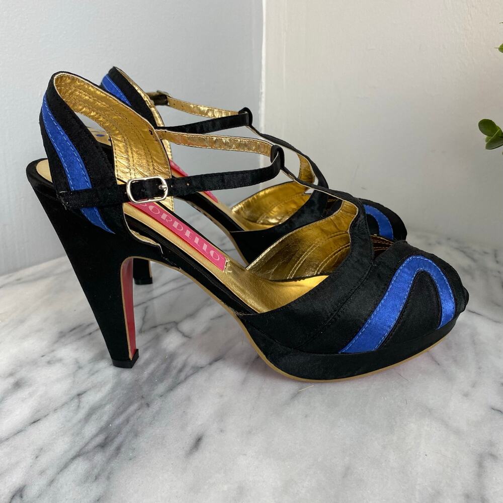 Bordello Giggle 02 Black Blue Satin T Strap Peep Toe Heel Pump Pinup Size 10 New - Picture 7 of 9